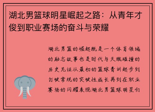 湖北男篮球明星崛起之路：从青年才俊到职业赛场的奋斗与荣耀