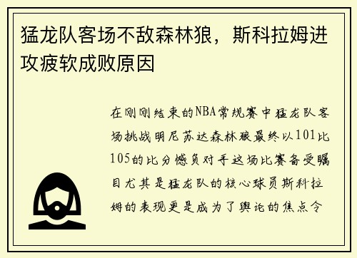 猛龙队客场不敌森林狼，斯科拉姆进攻疲软成败原因
